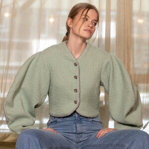 ROTATE Birger Christensen Green Tweed Boucle Cropped Jacket Size 34 NWT